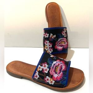 BRIGHTON AKIRA Leather Floral Embroidered Slide Sandals KYOTO IN BLOOM Flats 8.5
